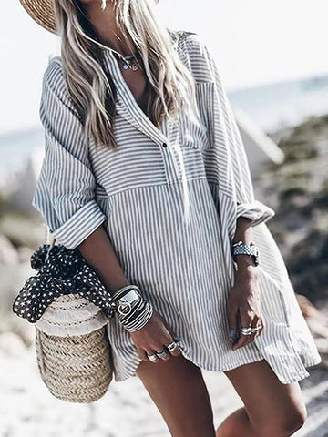 Airchics mi-longue blouse robe rayé boutons boho manches longues femme ovesized casual